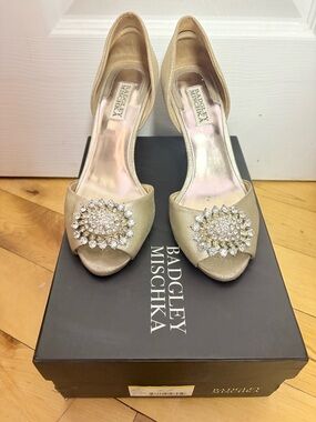 Badgley Mischka Lacie D’orsayGold D’Orsay Peep-Toe Heels with Crystal Medallions